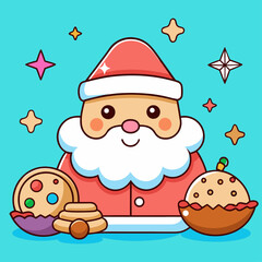 Santa Claus with Desserts Illustration for Holiday Season and Decoration Vector Art on Light Blue Background with Festive Stars Cute Character Design is Ideal for Card