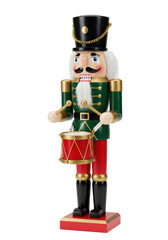 hyper-realistic 3d render of a traditional wooden nutcracker soldier figurine in a green and red uniform with gold trim, playing a snare drum on a white background. concept of festive celebration