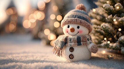 adorable snowman with fluffy scarf and hat, elegant soft golden bokeh in the background,