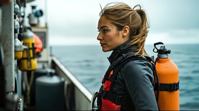 A woman in a scuba suit standing on the deck of a boat