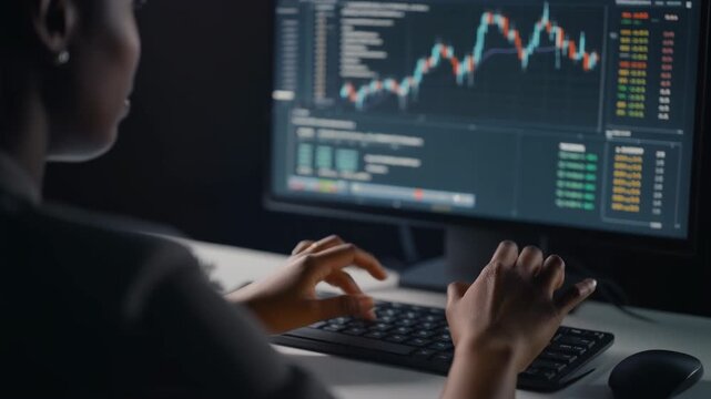 Woman Typing On Keyboard In Front Of Computer Screen Displaying Stock Market Data Keywords: stock market, finance, trading, investing