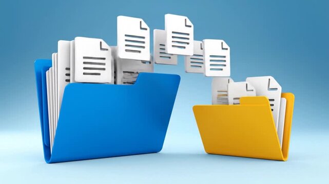 Organized digital documents and files within a blue folder and a yellow folder on a clean blue background representing data management and organization concepts