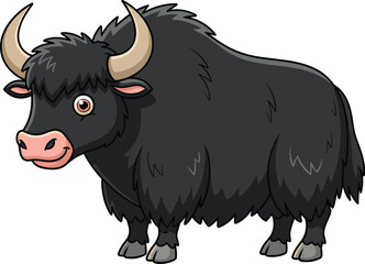 Cute Cartoon Yak, Black Fur, Horns, High Altitude Mammal, Tibetan, Nepal, Wildlife, Animal, Isolated, Mascot, Himalayas, Big, Hairy, Farm, Cattle, Funny, Vector, Illustration, Zoo, Cute.