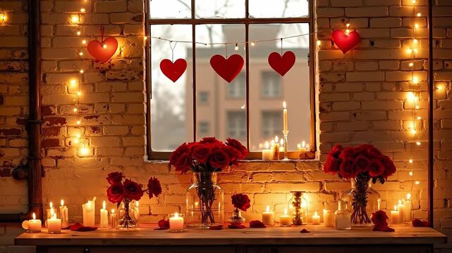 A table with candles and red roses in front of a window