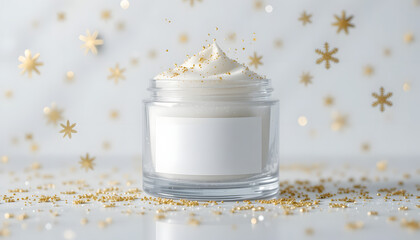 Sparkling indulgence awaits with luxurious body cream, perfect for winter skincare and festive self-care rituals, a golden touch for radiant skin