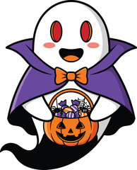 Cute ghost wearing vampire cape holding pumpkin bucket, happy Halloween mascot vector, funny trick or treat character
