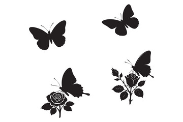 Simple black silhouettes of butterflies and roses vector set