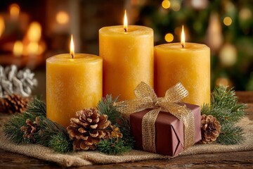 Elegant Christmas holiday candles with decorated gift box and evergreen arrangement for festive interior mood