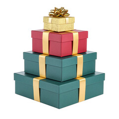 Obraz premium Stack of Presents: Four colorful gift boxes, elegantly arranged, each adorned with a matching ribbon, creating a visual symphony of celebration and anticipation.