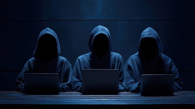 Faceless Hacker Group Working on Laptops in a Dark, Underground Setting for Cybercrime Activity at Night