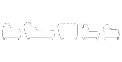 Obraz premium CAD drawing of multiple modern sofa outline designs in side view — including a minimalist block sofa, curved contemporary sofa, tufted cushion sofa, low-profile lounge sofa. Vector illustration
