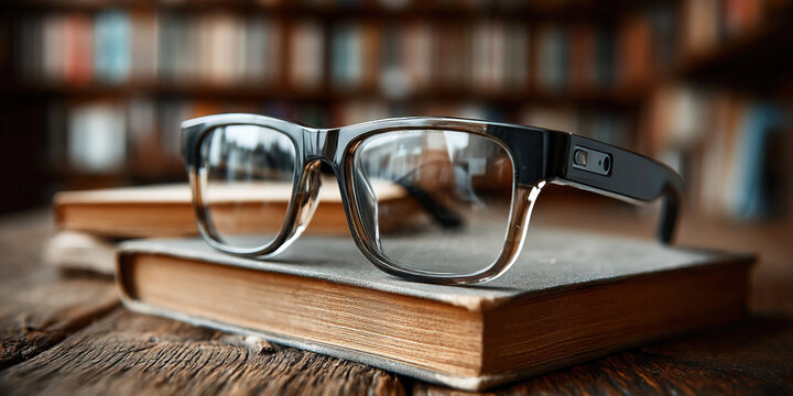 Virtual glasses resting on books speak of knowledge in a library atmosphere filled with wisdom