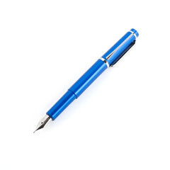 A sleek blue fountain pen with a metallic nib and intricately designed clip lies horizontally on a crisp white background
