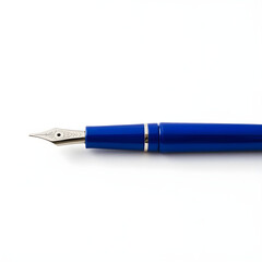 A sleek blue fountain pen with a metallic nib and intricately designed clip lies horizontally on a crisp white background