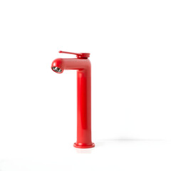 A solitary, vibrant red tap, with a sleek and modern design, is centered on a pristine white background