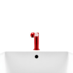 A solitary, vibrant red tap, with a sleek and modern design, is centered on a pristine white background