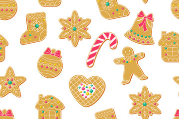 
Winter homemade sweet cookies in festive shapes. Seamless pattern for Christmas design. Cute cartoon illustration on a white background. Vector
