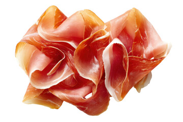 Thinly sliced prosciutto ham isolated on transparent background. Delicious thinly sliced prosciutto ham arranged artistically a gourmet italian food preparation isolated on white background.