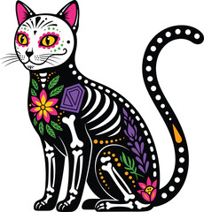 Dia de Muertos cat illustration, decorated with sugar skull face painting, floral patterns, and calavera skeleton design, celebrating Day of the Dead.