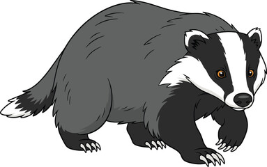 Fototapeta premium European Badger Cartoon, Black and White Stripes, Wildlife, Animal, Mammal, Forest, Nature, Isolated, Cute, Mascot, Fauna, Vector, Illustration, Digging, Nocturnal, Carnivore, Funny, Creature.