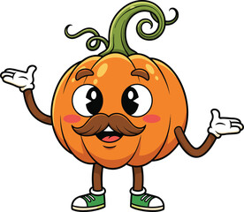 Funny cartoon pumpkin character mascot with a stylish mustache, welcoming gesture, cute smiling squash vegetable, autumn harvest, Thanksgiving, Halloween party vector.