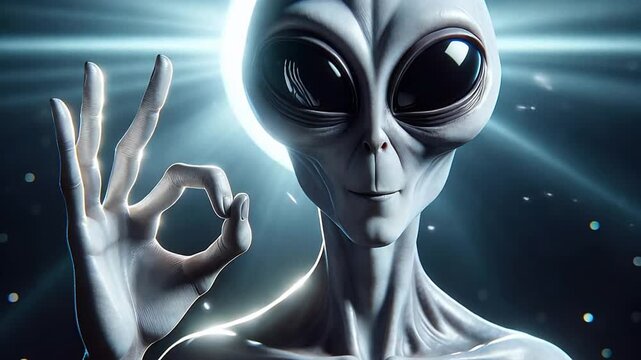 A grey alien extraterrestrial making an OK hand gesture. Close-up portrait of a humanoid creature in space. Science fiction concept of communication and approval
