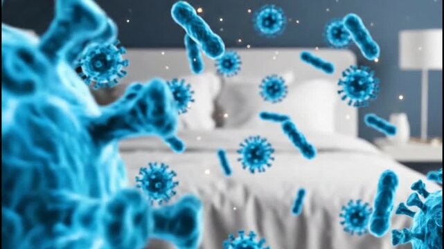 Microscopic view of blue bacteria and viruses floating in the air above a clean white bed in a bedroom setting