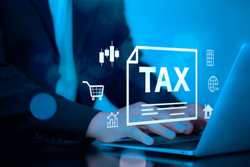 Business Tax Concept with Digital Icons and Hands Typing on Laptop in Blue Background