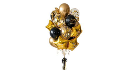 Black and Gold Celebration Balloon Bouquet with Confetti and Star Shaped Balloons