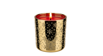 Festive Red Candle in Gold Holiday Decor Candle Holder with Snowflake and Christmas Tree Patterns