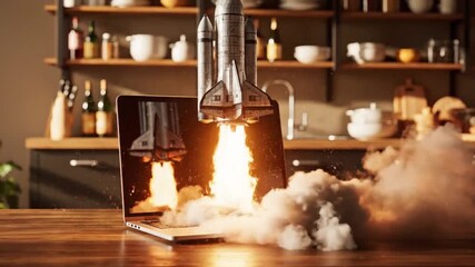 A conceptual image of a space shuttle launching from a laptop screen symbolizing innovation startup success and digital transformation in a modern kitchen setting