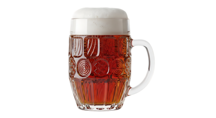 Glass Beer Mug Filled with Amber Beer and Foamy Head on Transparent Background