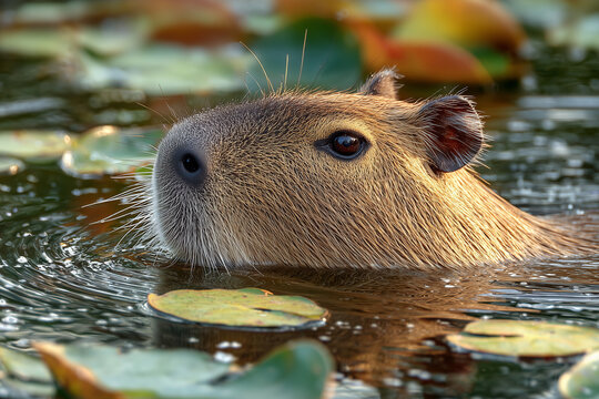 Serene capybara close-up swimming among lily pads at golden hour — detailed wildlife portrait showcasing wet fur, whiskers, ripples and water reflection