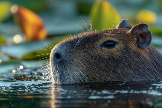 Close-up of a capybara swimming at dusk with detailed whiskers and wet fur reflecting golden light amid lily pads in serene water