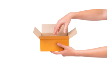 Hand holding a blank cardboard box isolated on a transparent background.