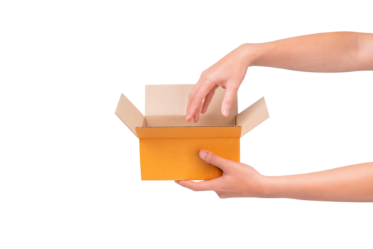 Hand holding a blank cardboard box isolated on a transparent background. - Powered by Adobe