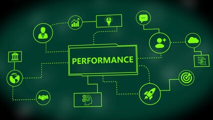 Business Performance Mind Map with Icons and Connections on Dark Green Background strategy flowchart