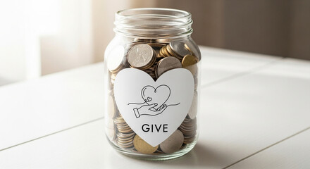 Clear jar filled with coins labeled 'Give' on wooden table  