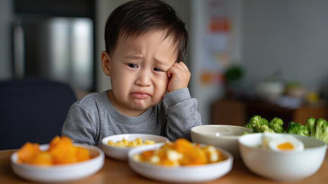 Unhappy toddler sitting at table with healthy food bowls, showing dislike and frustration with meal options