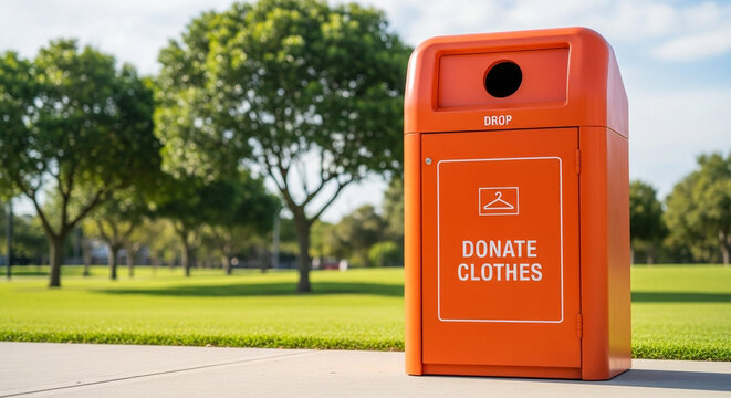 Orange donation bin for clothes in park on sunny day  