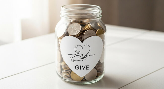 Clear jar filled with coins labeled 'Give' on wooden table  