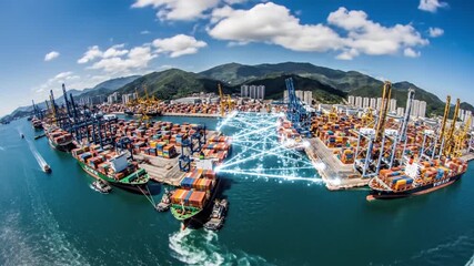 Vast container port with massive cargo ships and cranes under a blue sky with clouds symbolizing global trade and logistics networks - Powered by Adobe