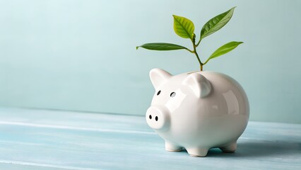 Watch your savings grow with this adorable piggy bank and green sprout, a symbol of financial success and investment, set against a soft blue background