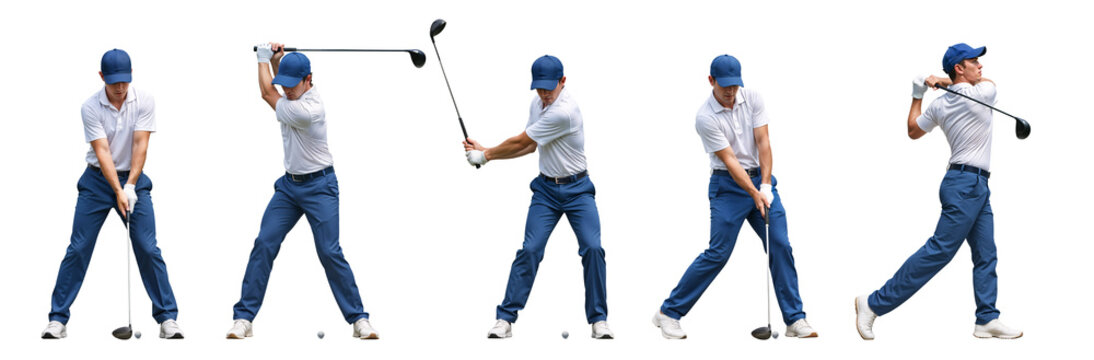 Sequence of golfer swinging his golf club on isolated background
