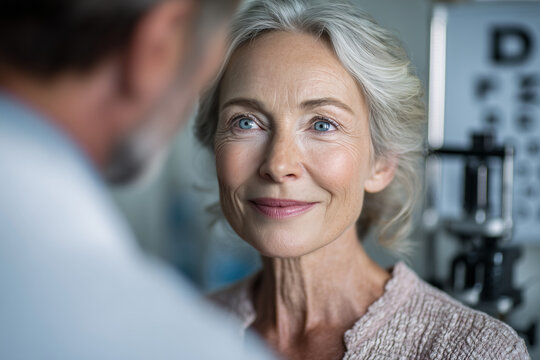 Smiling mature woman receiving a caring eye exam at the optometrist — confident senior patient in a modern clinic for routine vision care and checkup