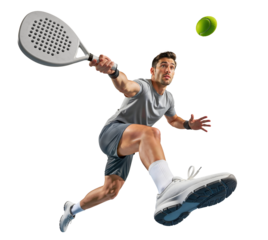 Male padel player in action lunging forward for powerful shot to hit a ball, action pose