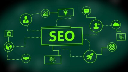 SEO concept diagram with interconnected icons and text in bright green on dark green search engine optimization