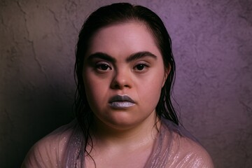 Portrait woman silver makeup artistic style dramatic lighting modern fashion concept purple background wet hair expressive mood creative studio photography