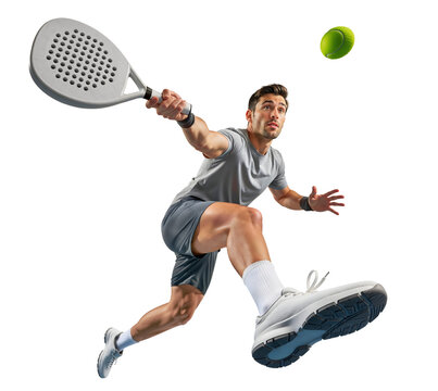Male padel player in action lunging forward for powerful shot to hit a ball, action pose
