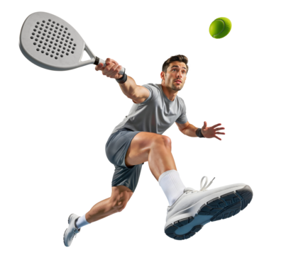 Male padel player in action lunging forward for powerful shot to hit a ball, action pose